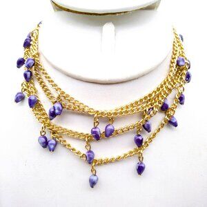 Vintage Curb Link Eloxal Chain Necklace with Purple Dangle Beads, Chic Fun Retro